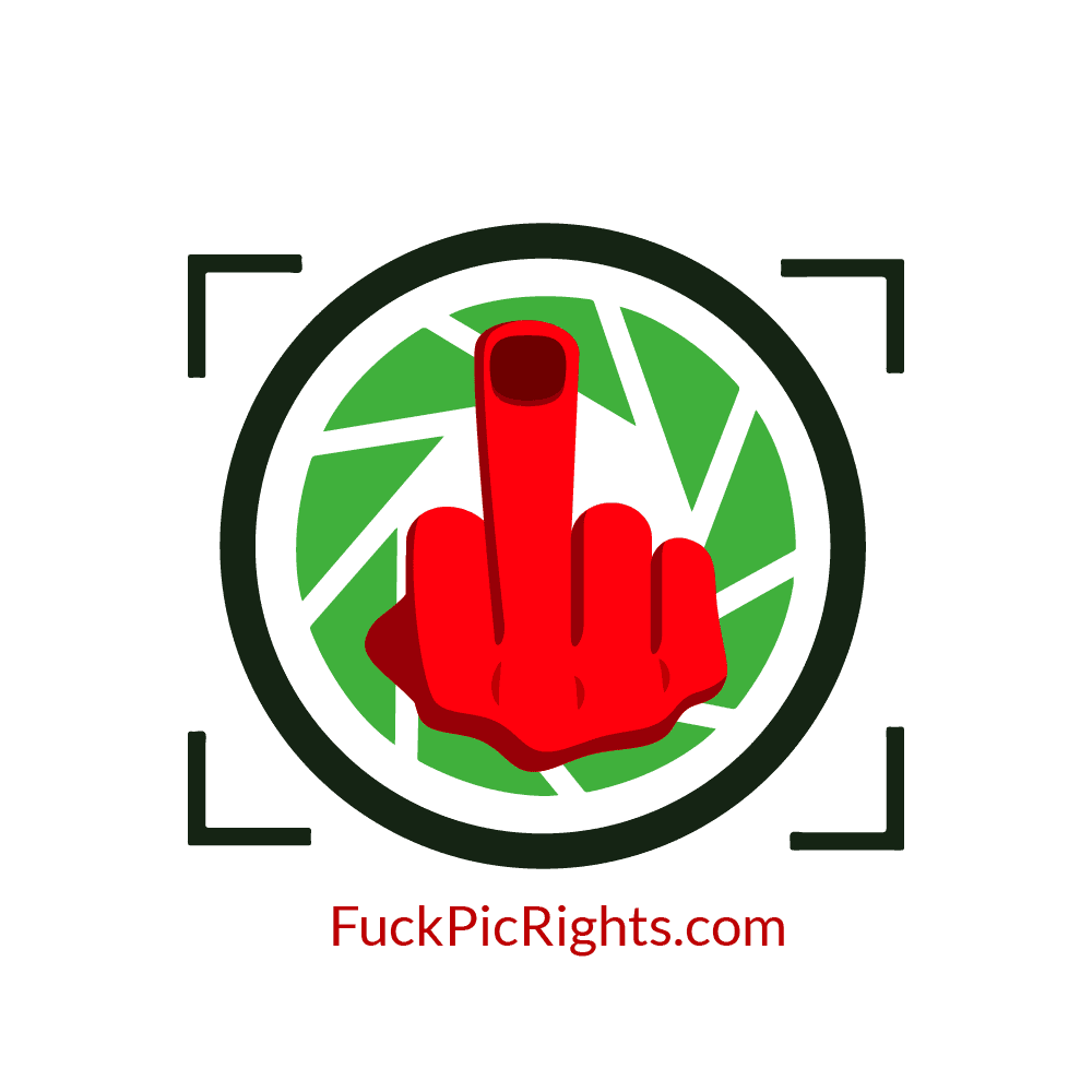 The FuckPicRights.com parody logo: a red raised middle finger inside the green PicRights camera-shutter aperture, with the wordmark FuckPicRights.com